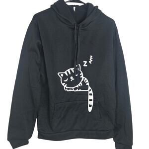 Women Teen Hoodie Sweatshirt W/ Cat Ears Sleeping Cat Printed Pullover Sz Medium
